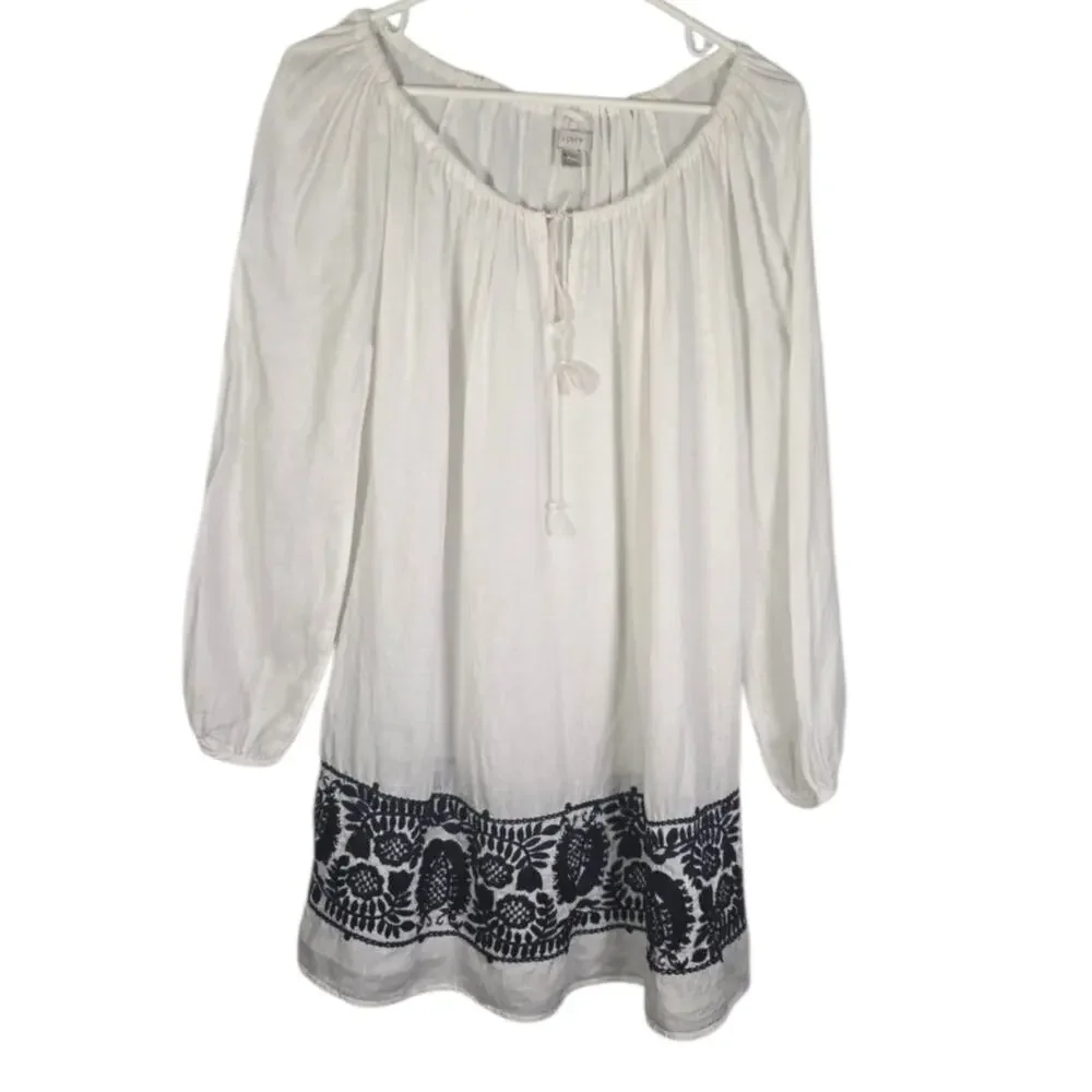 J.Crew Linen Peasant Top White Navy Embroidered Hem Boho Blouse XS